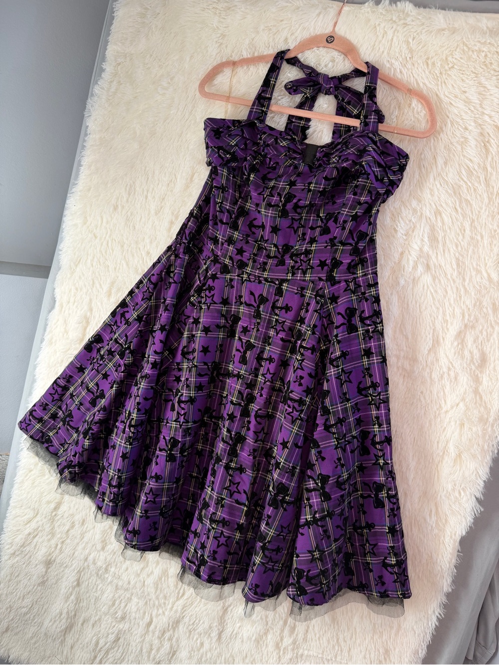 H&R London Womens Rockabilly Halter Dress 18 Purple Plaid Tartan Velvet 50s Punk